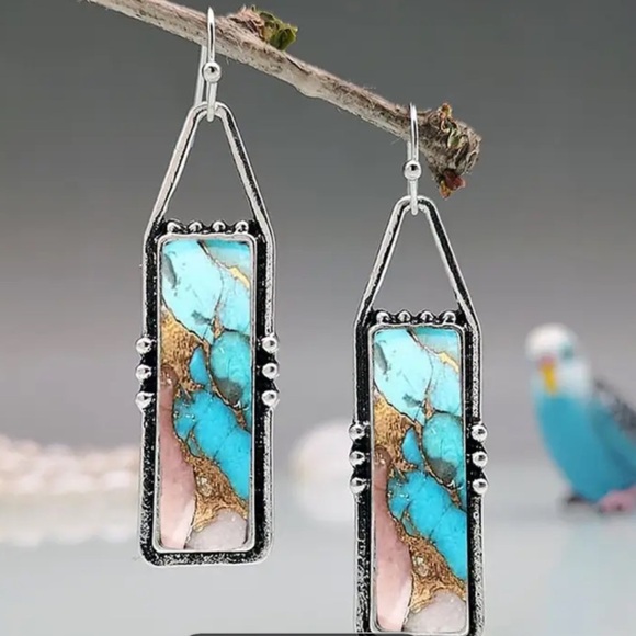 Curated by Megan Jewelry - Silver Plated Turquoise & brown coloured earring - western boho - shepherd hook